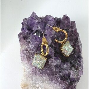 Kate Spade NY Mini Square Glitter Huggie Drop Earrings Gold Plated Opal Resin